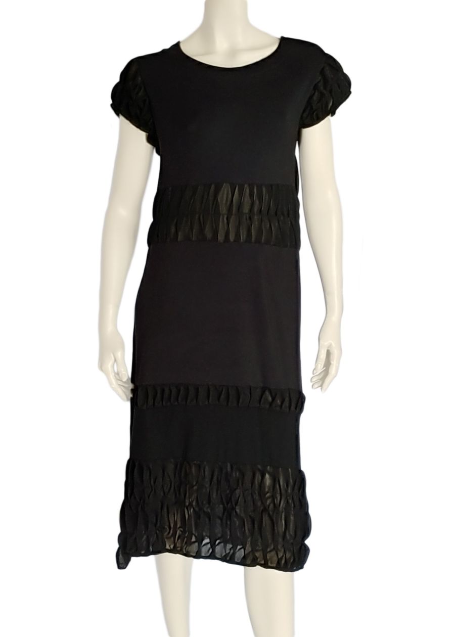 Midi black dress with puffed sleeves — front view